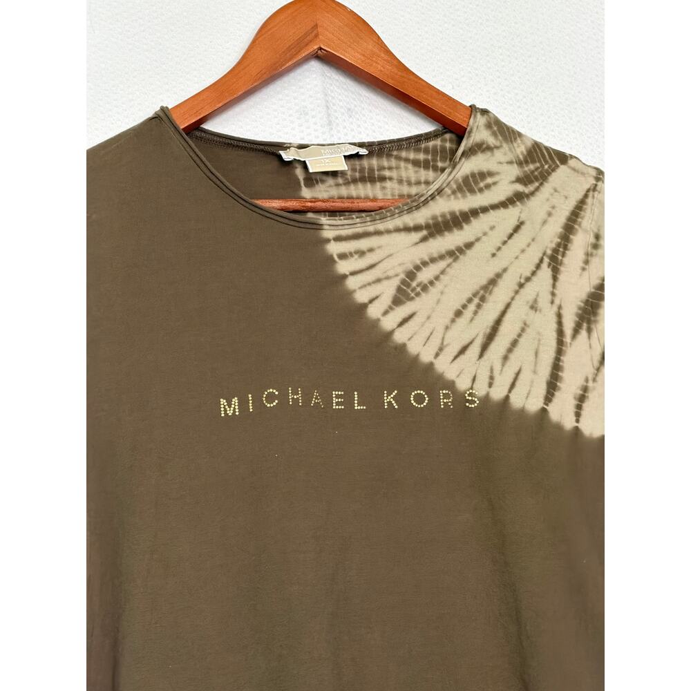 Michael Kors 1X Olive Green Gold Logo Tee Tie Dye Short Sleeve Plus Top - Picture 2 of 10